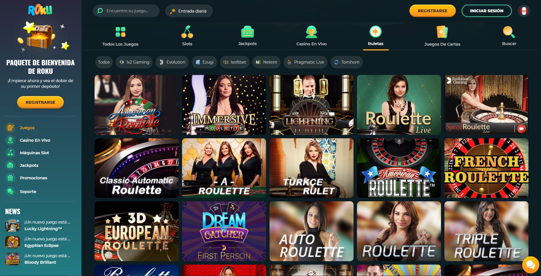 La sección de Ruleta en Roku Casino