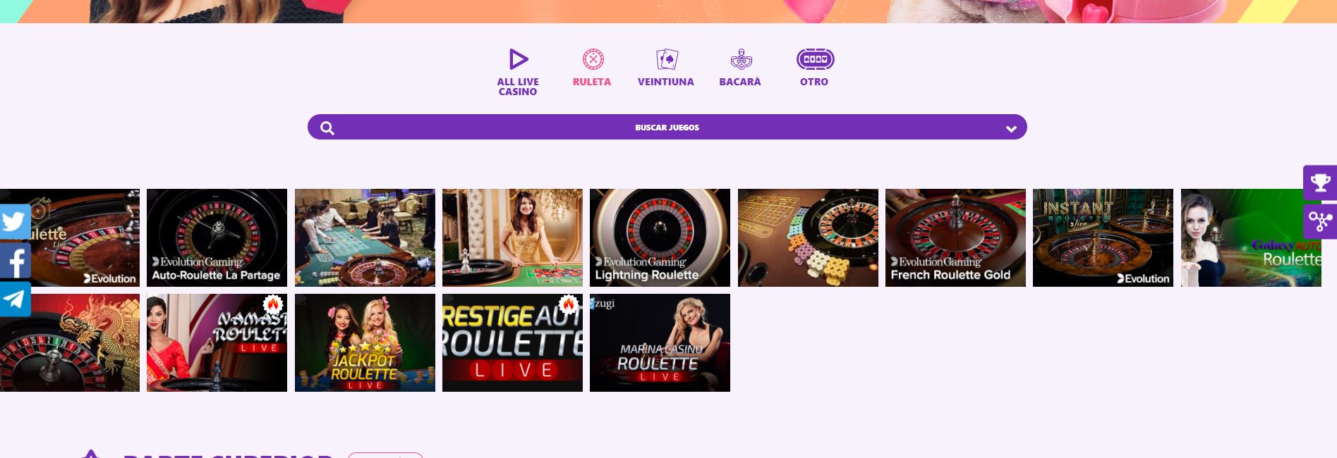 La sección de Ruleta en Spin Pug