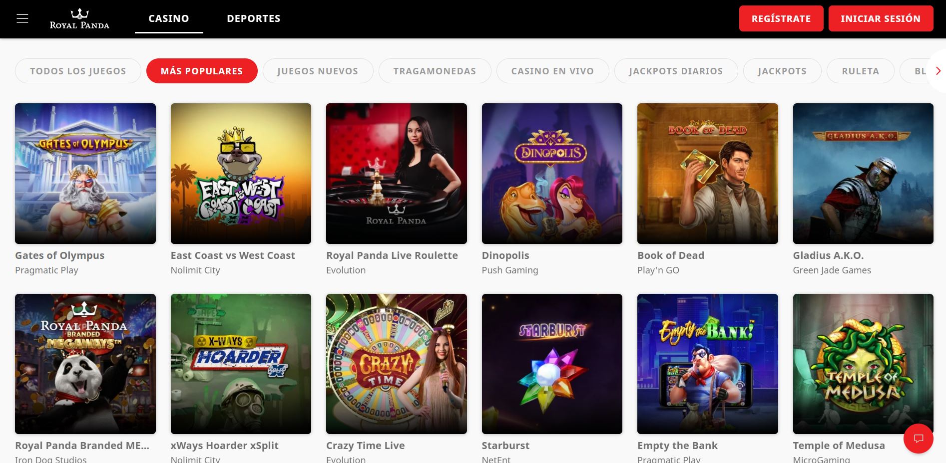 Máquinas tragamonedas, slots e tragaperras de Royal Panda
